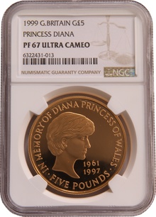 1999 Proof £5 Gold Crown Coin Diana Princess of Wales Memorial NGC PF67