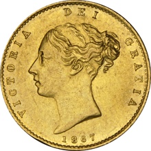 1867 Gold Half Sovereign Queen Victoria Young Head Shield Back NGC AU58