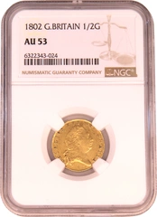 1802 Gold Half Guinea Coin George III Milled NGC AU53