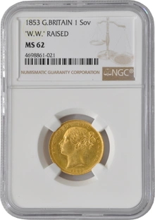 1853 Gold Sovereign Coin Queen Victoria Young Head Shield Back NGC MS62