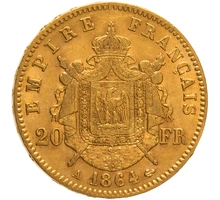 1864 French 20 Francs Gold Coin Napoleon III Laureate Head A