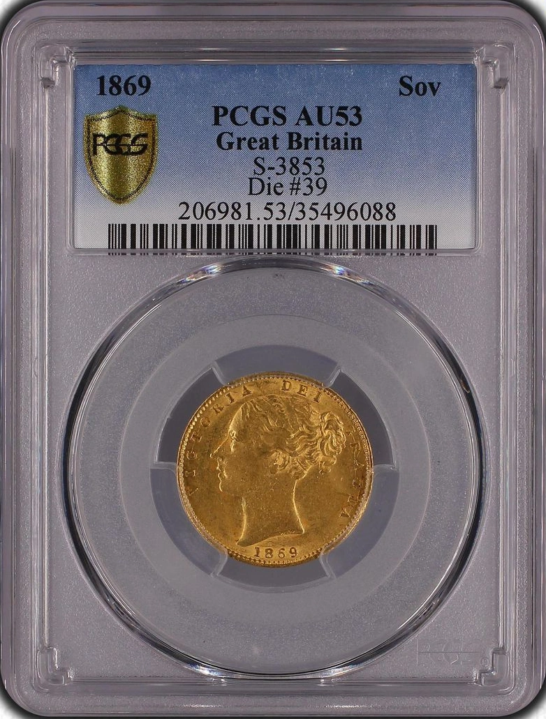 1869 Gold Sovereign Coin Queen Victoria Young Head Shield Back PCGS AU53