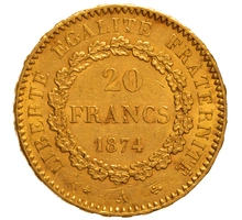 1874 French 20 Francs Gold Coin Guardian Angel A