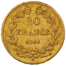 1841 French 20 Francs Gold Coin Louis-Philippe Laureate Head A