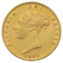 1860 Gold Half Sovereign Queen Victoria Young Head Shield Back