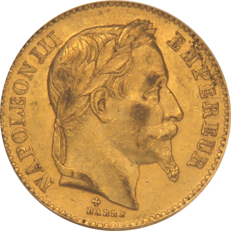 1864 French 20 Francs Gold Coin Napoleon III Laureate Head A PCGS MS62