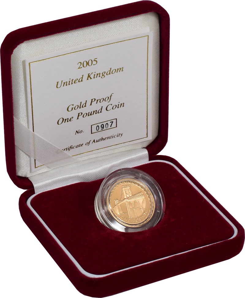 2005 Proof Gold £1 Pound Coin Menai Bridge Boxed