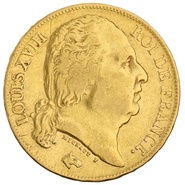 1824 French 20 Francs Gold Coin Louis XVIII Bare Head A