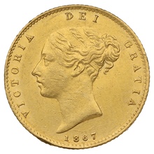 1867 Gold Half Sovereign Queen Victoria Young Head Shield Back
