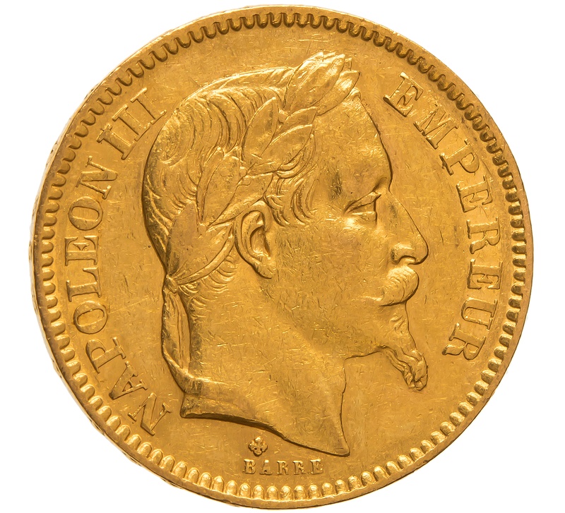 1863 French 20 Francs Gold Coin Napoleon III Laureate Head BB