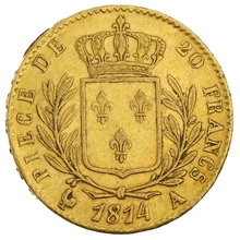 1814 French 20 Francs Gold Coin Louis XVIII Uniformed Bust A