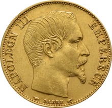 French 20 Francs Gold Coin Napoleon III Bare Head