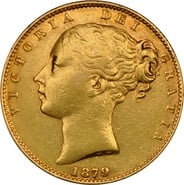 1879 Gold Sovereign Coin Queen Victoria Young Head Shield Back Sydney