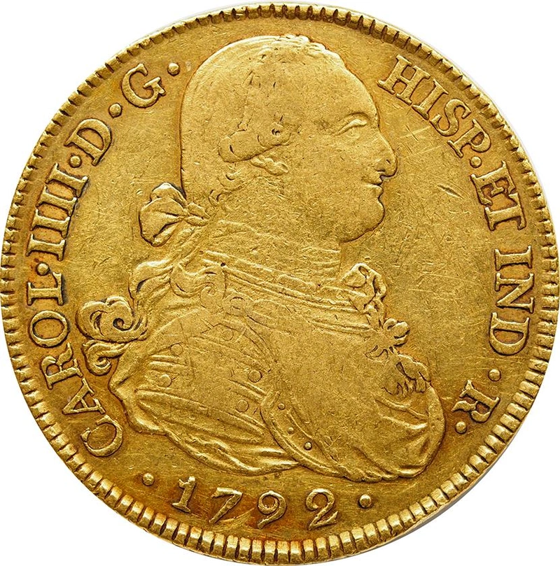 1792 Spanish 8 Escudos Gold Coin Charles IV