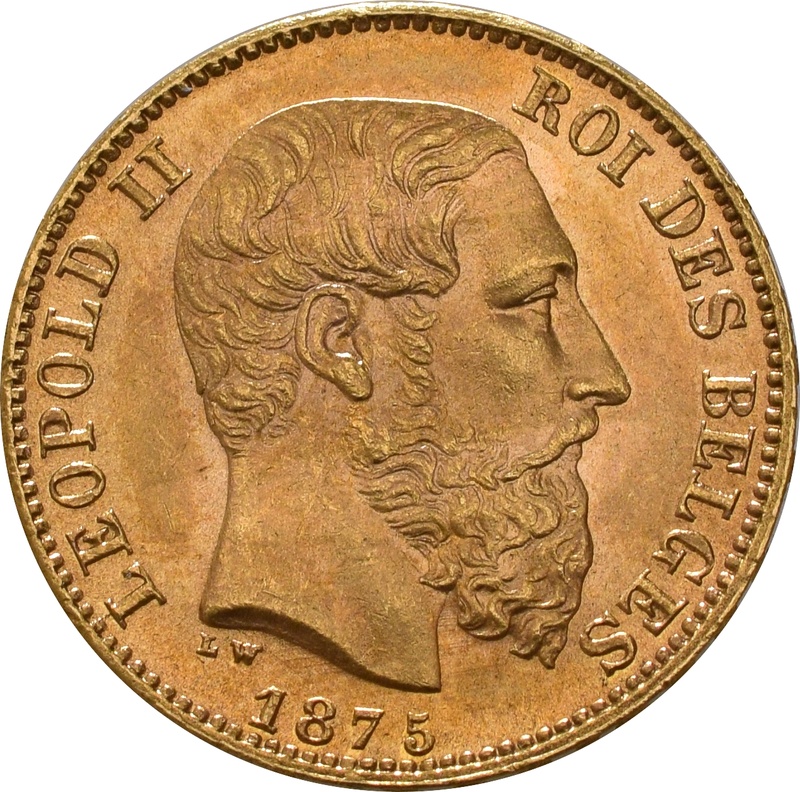 1870-1882 Belgian 20 Franc Gold Coin Leopold II Type 2