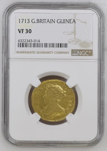 1713 Gold Guinea Coin Queen Anne NGC VF30