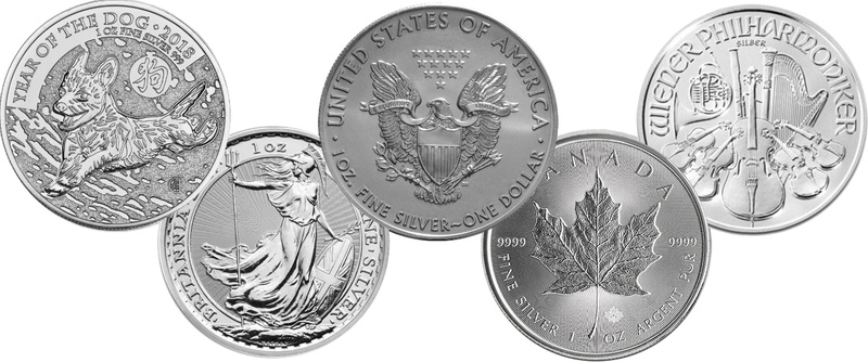 2018 1oz Silver Coin Set; Eagle, Maple, Brit, Phil, Dog