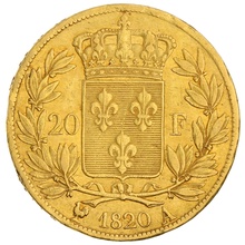 French 20 Francs Gold Coin Louis XVIII Bare Head