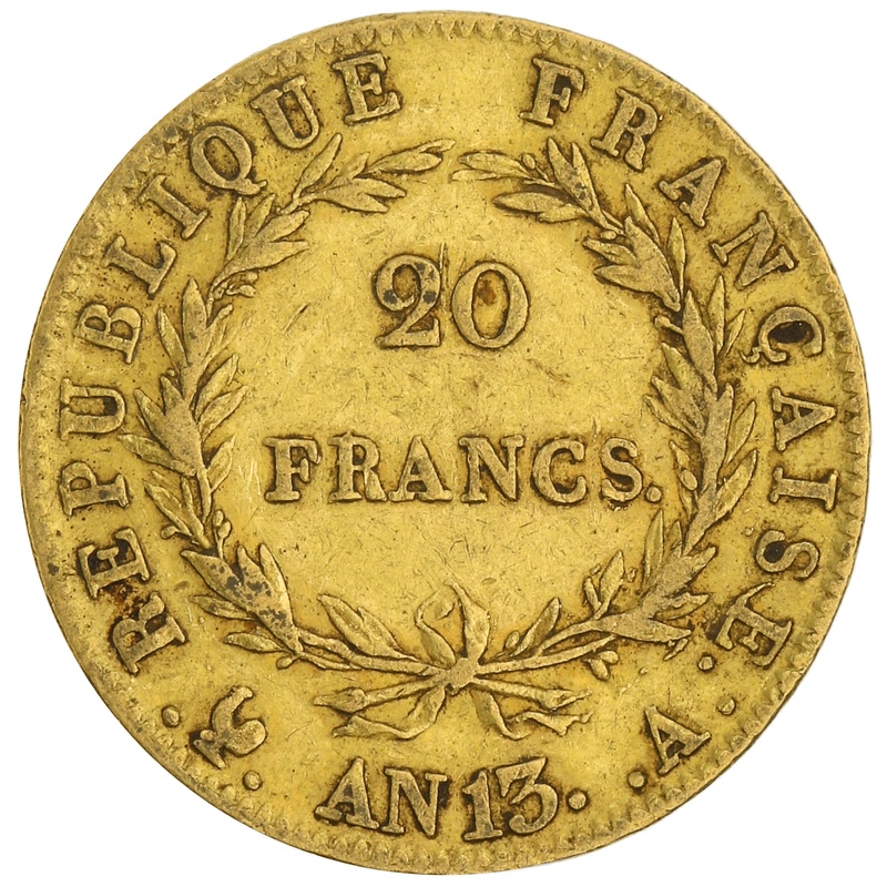 French 20 Francs Gold Coin Napoleon I Bare Head A AN13