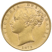 1872 Gold Sovereign Coin Queen Victoria Young Head Shield Back