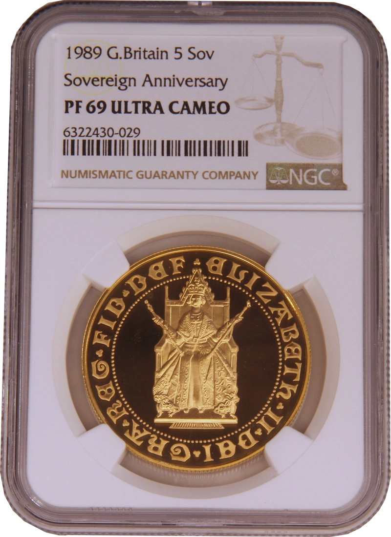 1989 Proof Gold £5 Coin Quintuple Sovereign 500th Anniversary NGC PF69