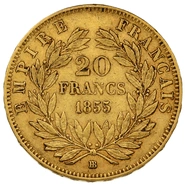 1855 French 20 Francs Gold Coin Napoleon III Bare Head BB anchor