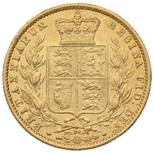 1865 Gold Sovereign - Victoria Young Head Shield Back - London