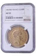 1869 French 100 Francs Gold Coin Napoleon III BB Strasbourg NGC AU55