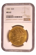 1903 $20 Double Eagle Liberty Head Gold Coin, Philadelphia NGC MS62