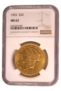 1903 $20 Gold Coin Double Eagle Liberty Head Philadelphia NGC MS62