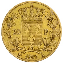 1819 French 20 Francs Gold Coin Louis XVIII Bare Head A