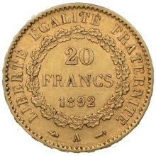 1892 French 20 Francs Gold Coin Guardian Angel A
