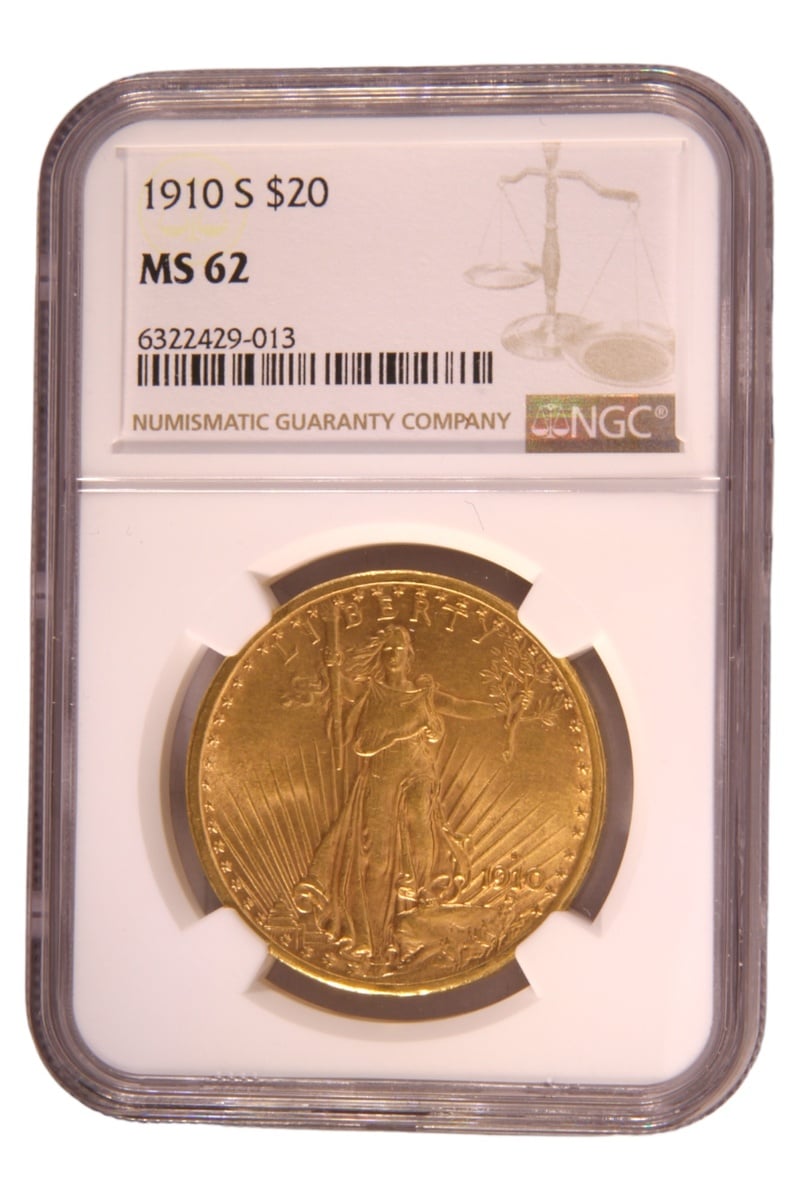 1910 $20 Gold Coin Double Eagle St Gaudens Head San Francisco NGC MS62