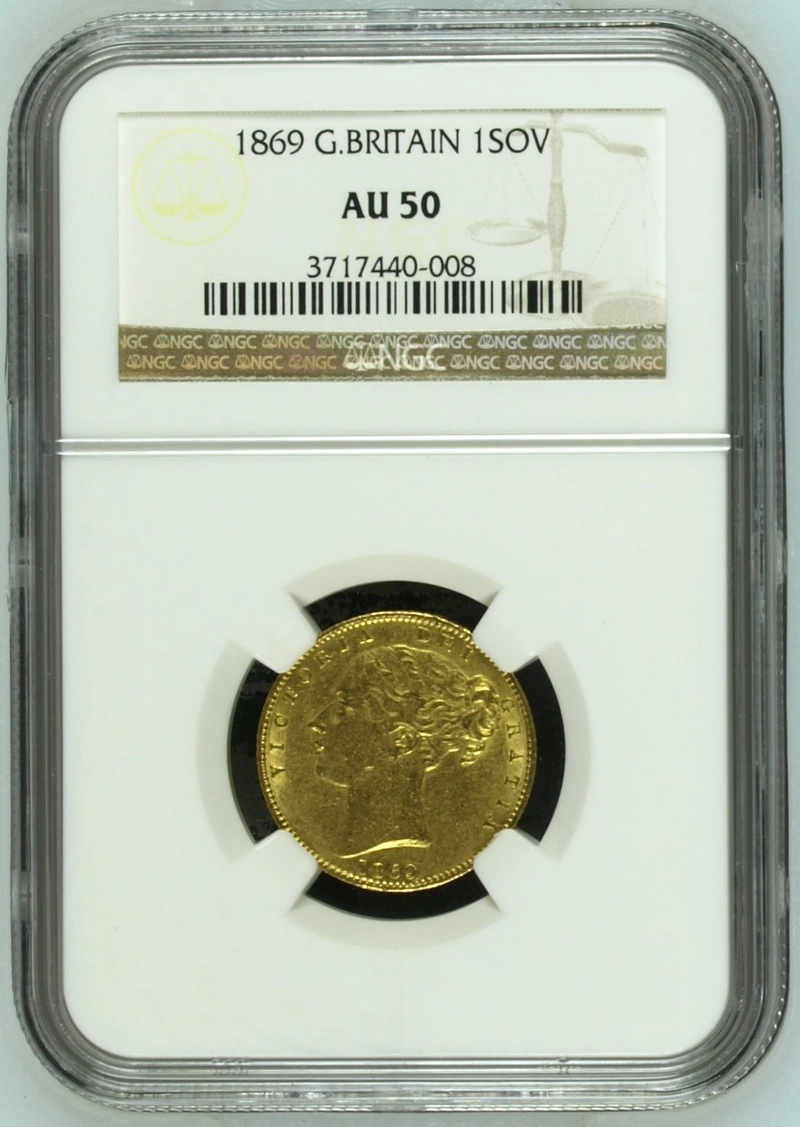 1869 Gold Sovereign Coin Queen Victoria Young Head Shield Back NGC AU50