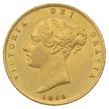 1869 Gold Half Sovereign Queen Victoria Young Head Shield Back