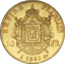 French 50 Francs Gold Coin Napoleon III Laureate Head