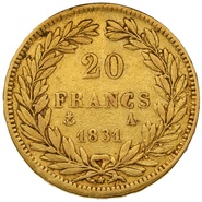 1831 French 20 Francs Gold Coin Louis-Philippe Bare Head Raised Rim Lettering A