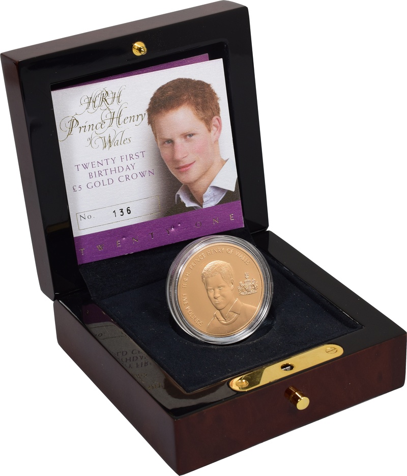 2005 Proof £5 Gold Crown Coin HRH Prince Henry of Wales Twenty First Birthday Boxed