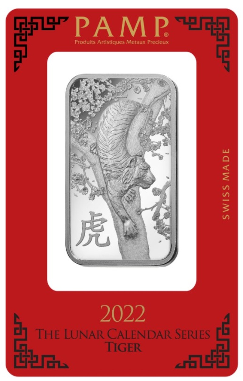 1oz Silver Bar 2022 Year of the Tiger PAMP