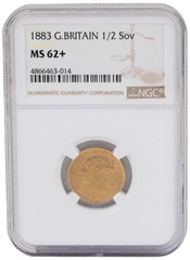1883 Gold Half Sovereign Queen Victoria Young Head Shield Back NGC MS62+