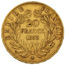 1855 French 20 Francs Gold Coin Napoleon III Bare Head BB greyhound