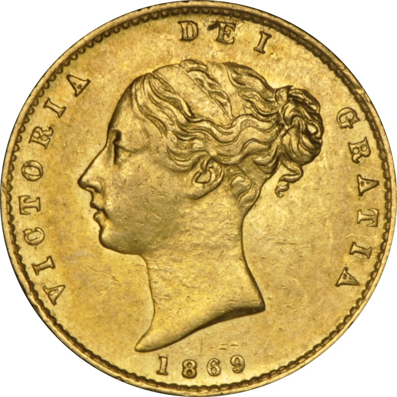 1869 Gold Half Sovereign Queen Victoria Young Head Shield Back NGC AU55