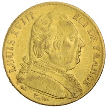 French 20 Francs Gold Coin Louis XVIII Uniformed Bust