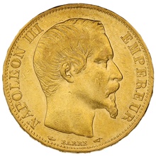 1855 French 20 Francs Gold Coin Napoleon III Bare Head A greyhound
