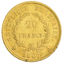 1807 French 20 Francs Gold Coin Napoleon I Bare Head (Temporary) A