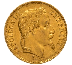 1868 French 20 Francs Gold Coin Napoleon III Laureate Head BB