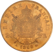 1868 French 20 Francs Gold Coin Napoleon III Laureate Head A PCGS MS62
