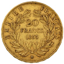 1855 20 French Francs - Napoleon III Bare Head - BB - greyhound