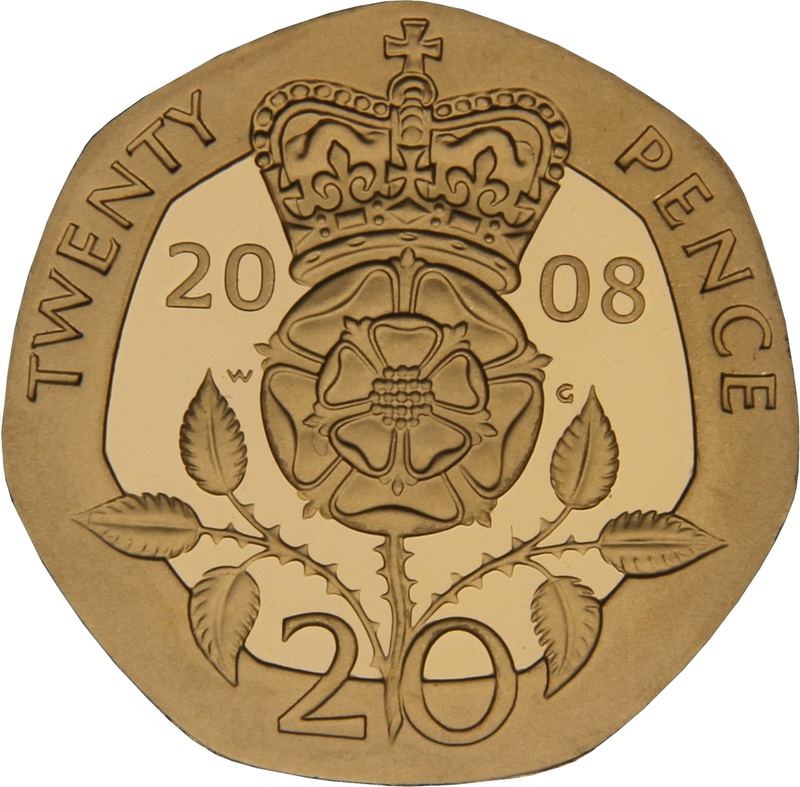 2008 Gold Proof 20p Twenty Pence Piece Crowned Tudor Rose