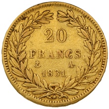 1831 French 20 Francs Gold Coin Louis-Philippe Bare Head Incuse Rim Lettering A